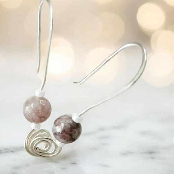 Dendritic Jasper Crystal Beaded Dangle Earrings, Boho Chic Gemstone Jewelry 1.5" - Picture 5 of 6